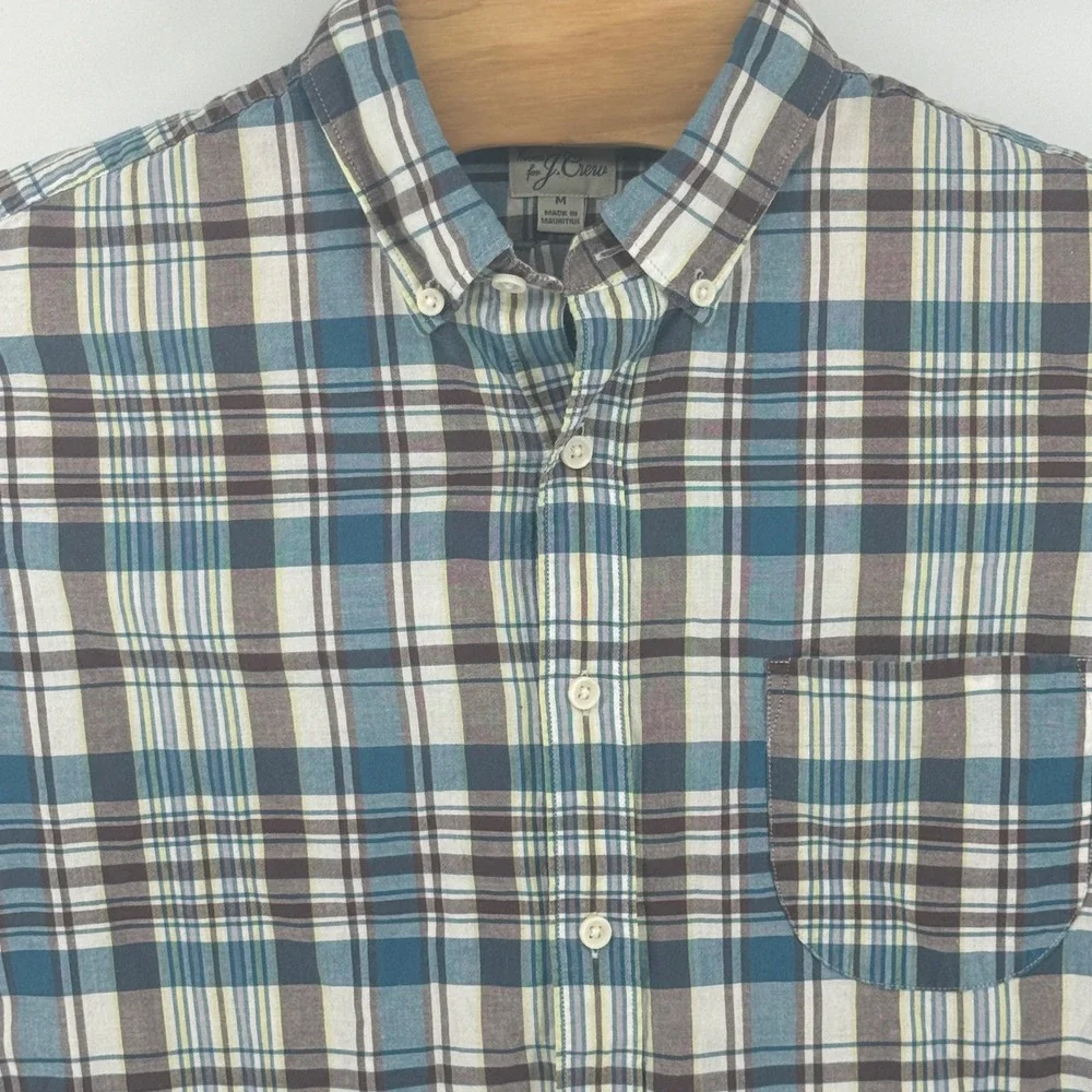 J.Crew Mens Slim Indian Madras Plaid Button Down Shirt Blue Brown G0784 Size M